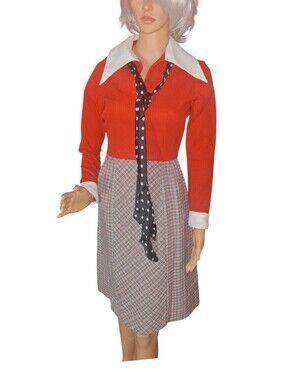 VTG 1970s Herman Marcus Ribbed Red Secretary Dress Big Collar Polka Dot